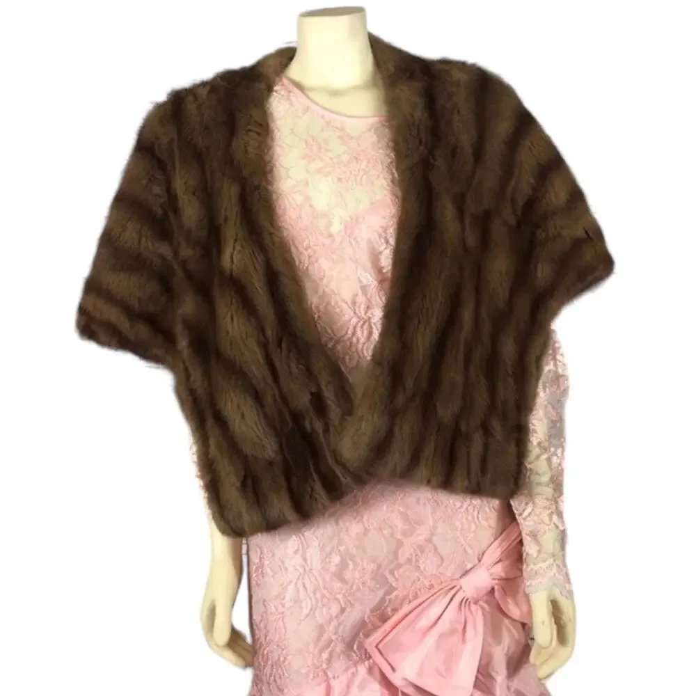 1950s D’Jimas Mink Fur Stole Muff Brown Real Fur Art Deco Evening Wrap